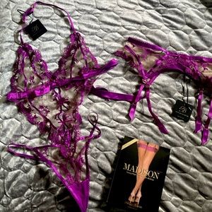 Honey Birdette Madison bodysuit garter stocking set lingerie gemstone fushia